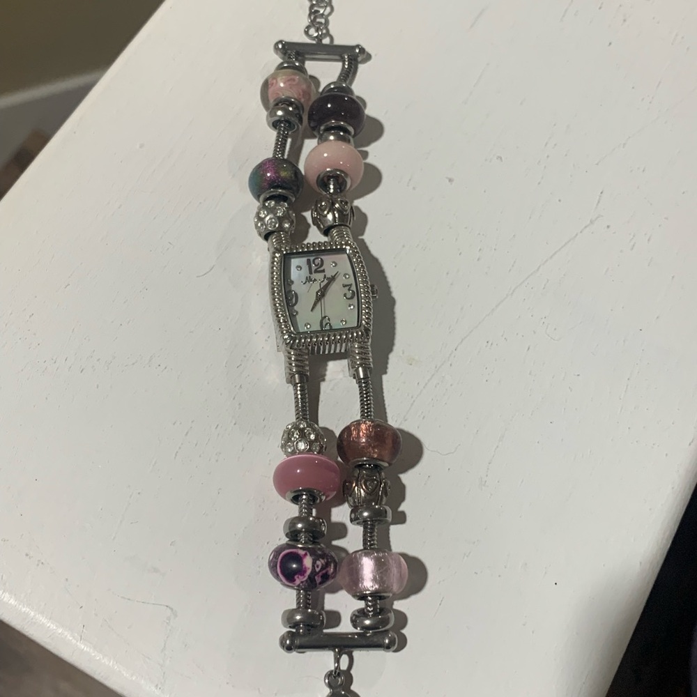 Elegant Silver and Pink Beaded Women's Watch